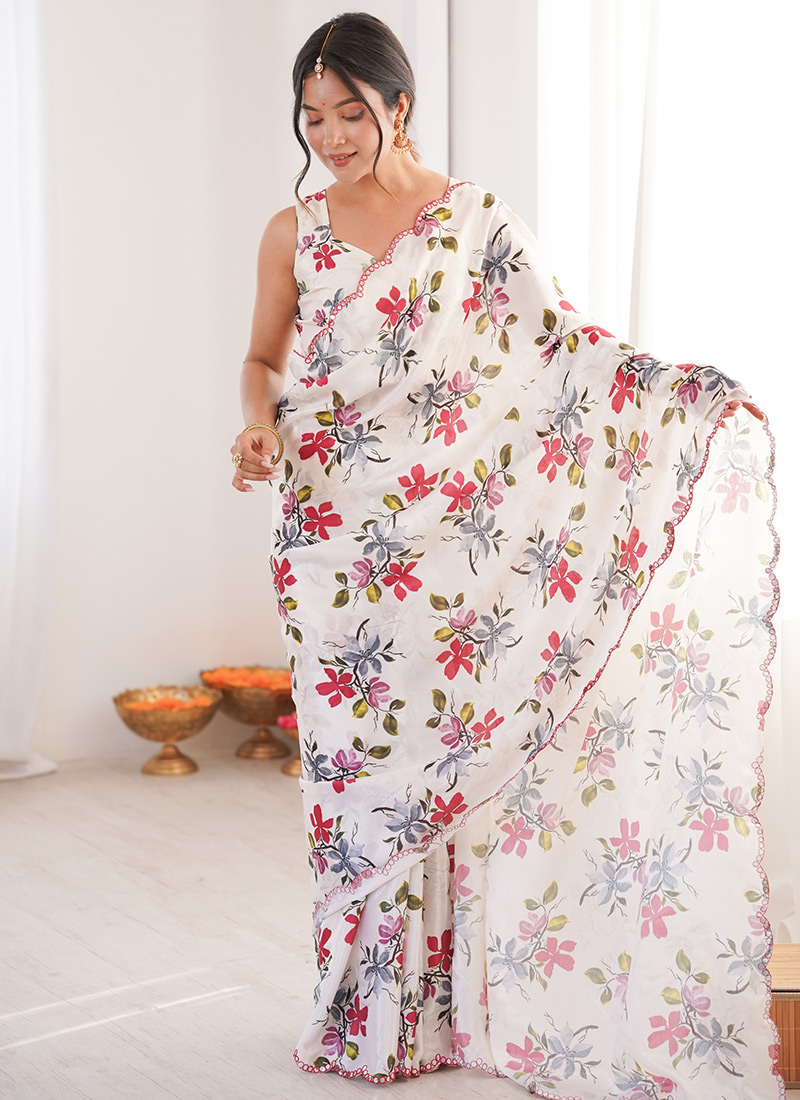 White Chinon Digital Print Cut Work Foil Mirror Border Saree After Six Wear