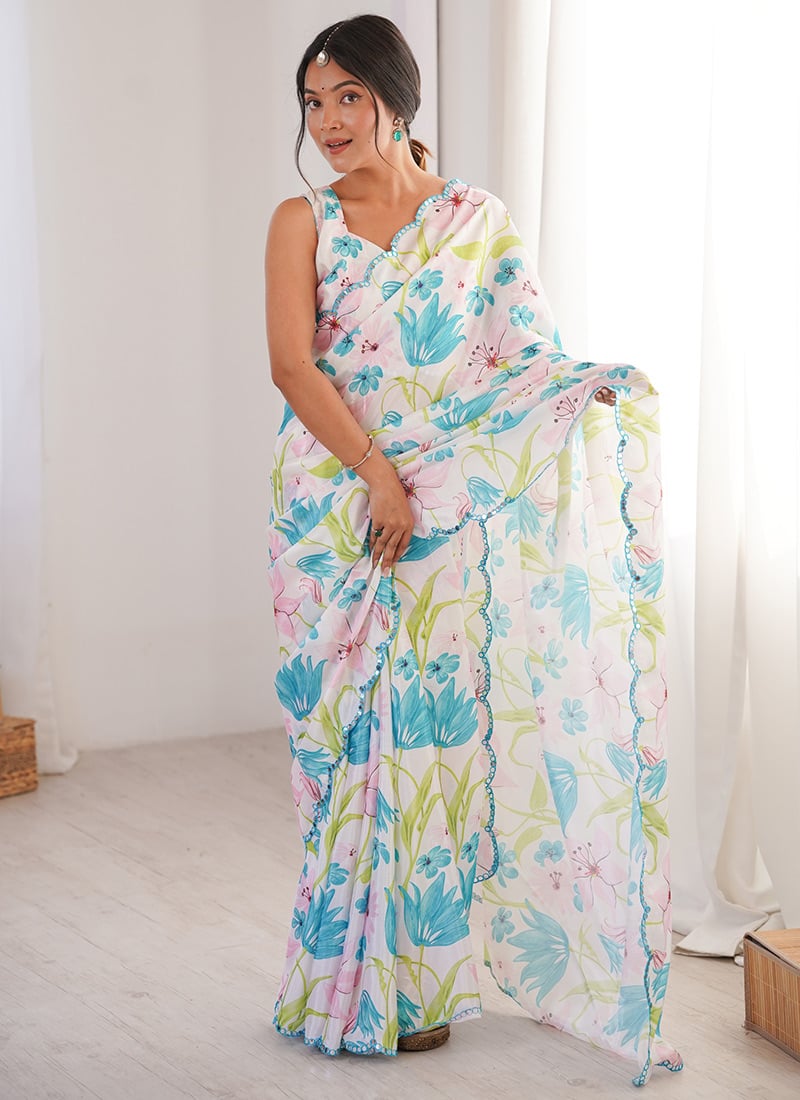 White Chinon Digital Print Foil Mirror Cut Work Saree After Six Wear