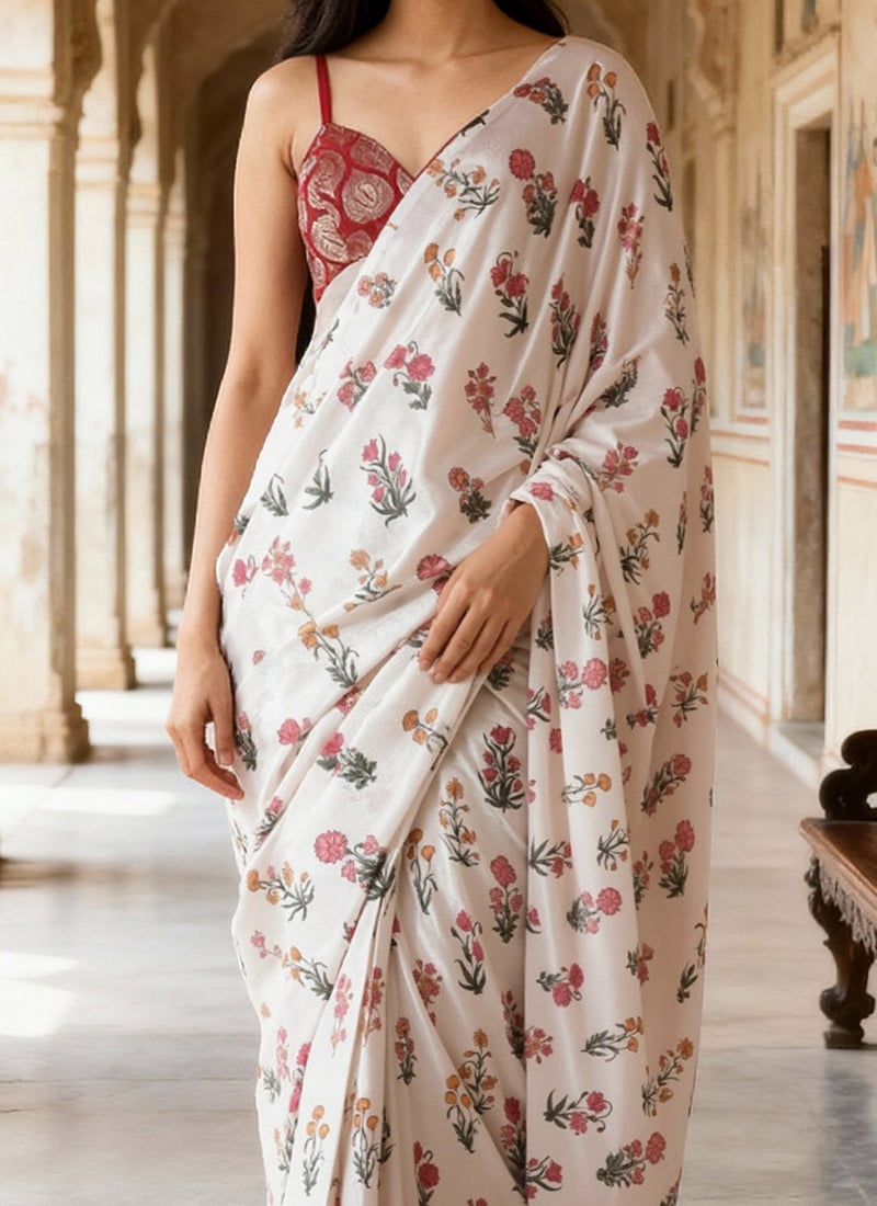 Women White Heavy Chinnon  Designer Saree Collection