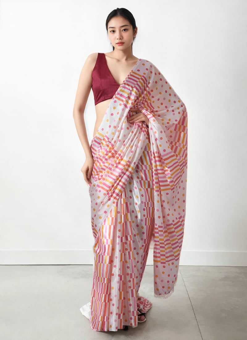 White Chinon Digital Print Pre Draped Saree