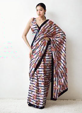 White Chinon Digital Print Pre Draped Saree