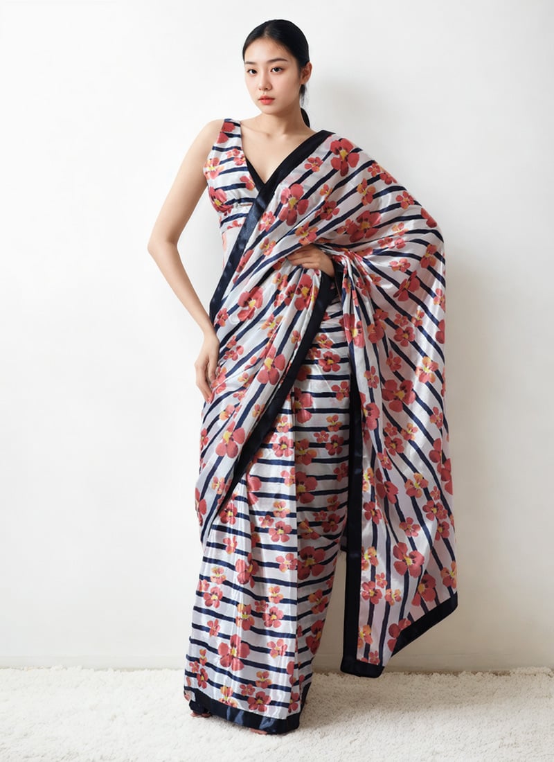 White Chinon Digital Print Pre Draped Saree After Six Wear