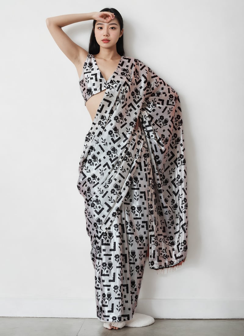 White Chinon Digital Print Pre Draped Saree