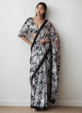 White Chinon Digital Print Pre Draped Saree