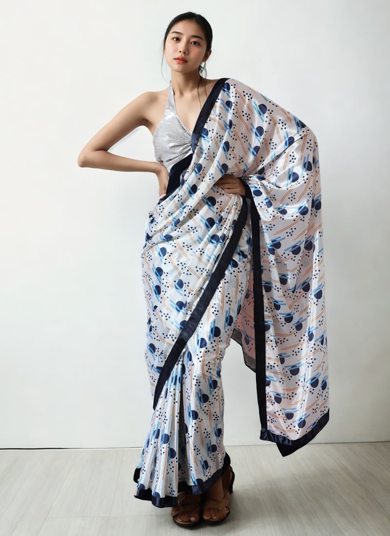 White Chinon Digital Print Pre Draped Saree