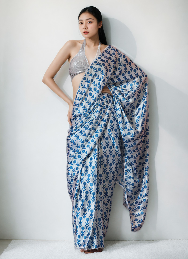 White Chinon Digital Print Pre Draped Saree After Six Wear