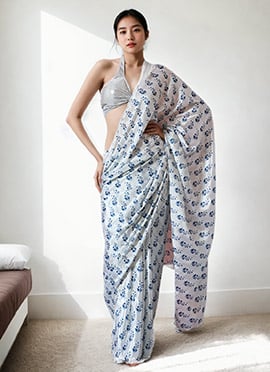 White Chinon Digital Print Pre Draped Saree