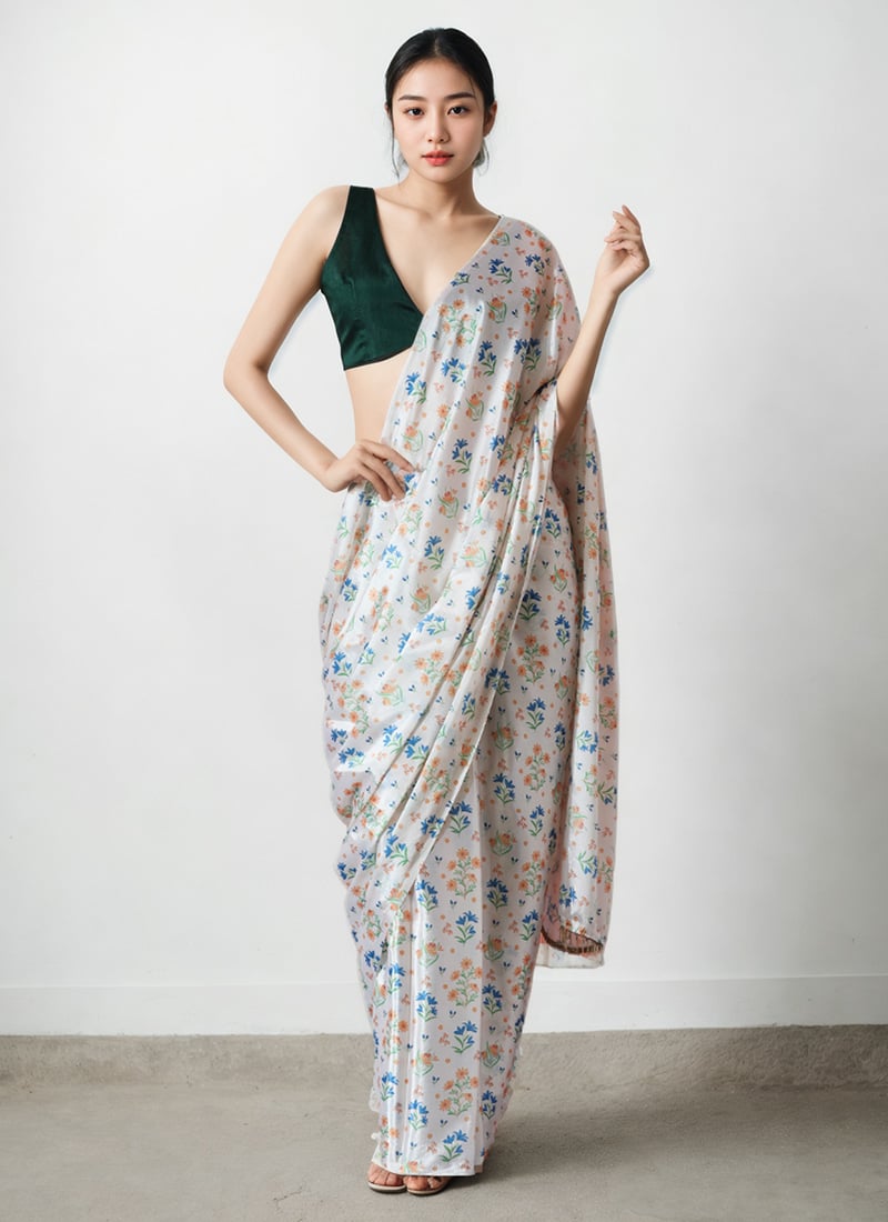 White Chinon Digital Print Pre Draped Saree After Six Wear