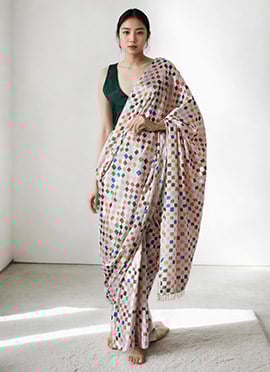 White Chinon Digital Print Pre Draped Saree