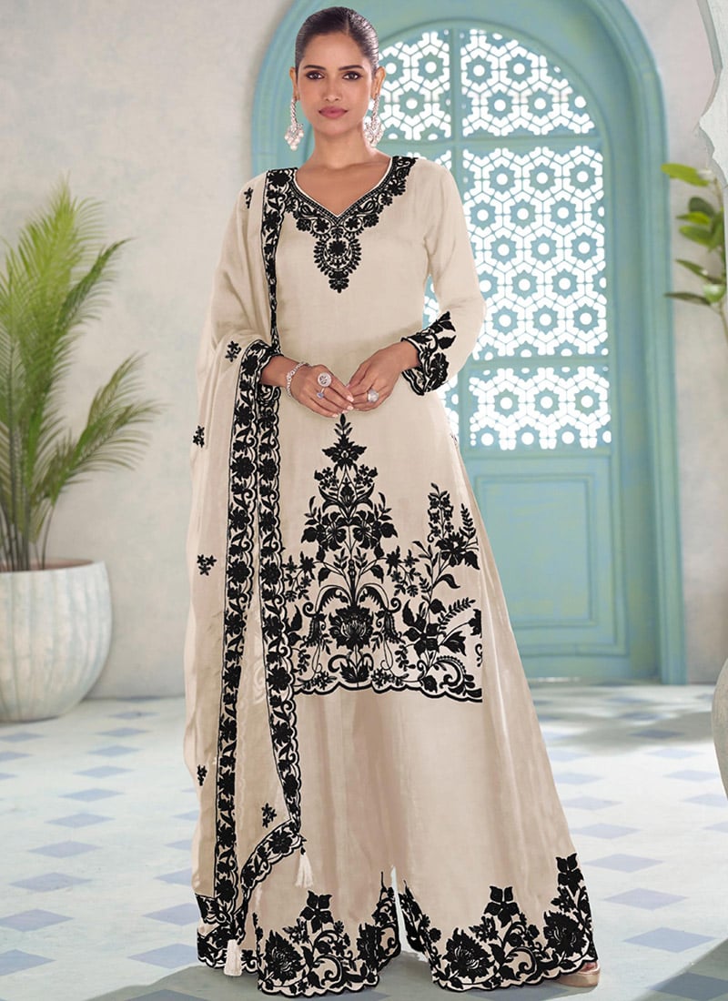 White Chinon Embroidered Palazzo Suit Festive Wear