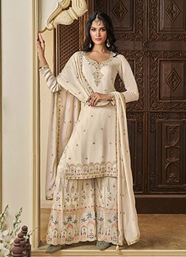 White Chinon Embroidered Sequins Palazzo Suit