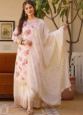 White Chinon Embroidered Sequins Printed Palazzo Suit