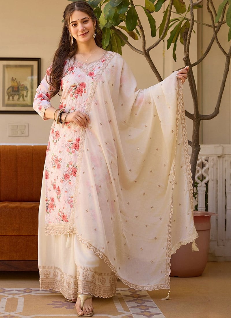 White Chinon Embroidered Sequins Printed Palazzo Suit Festive Wear