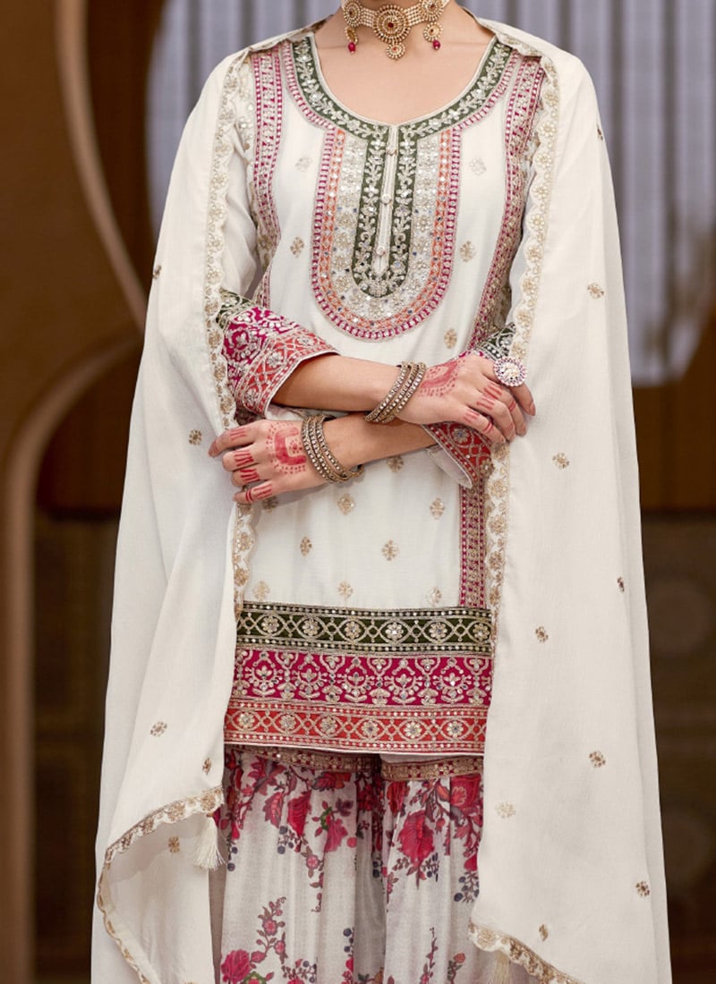Daisy White Chinon Sequence Work Sharara Suit