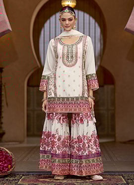 White Chinon Embroidered Sequins Stone Work With Digital Print Sharara Suit