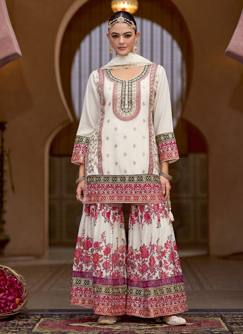 White Chinon Embroidered Sequins Stone Work With Digital Print Sharara Suit  Festive Wear