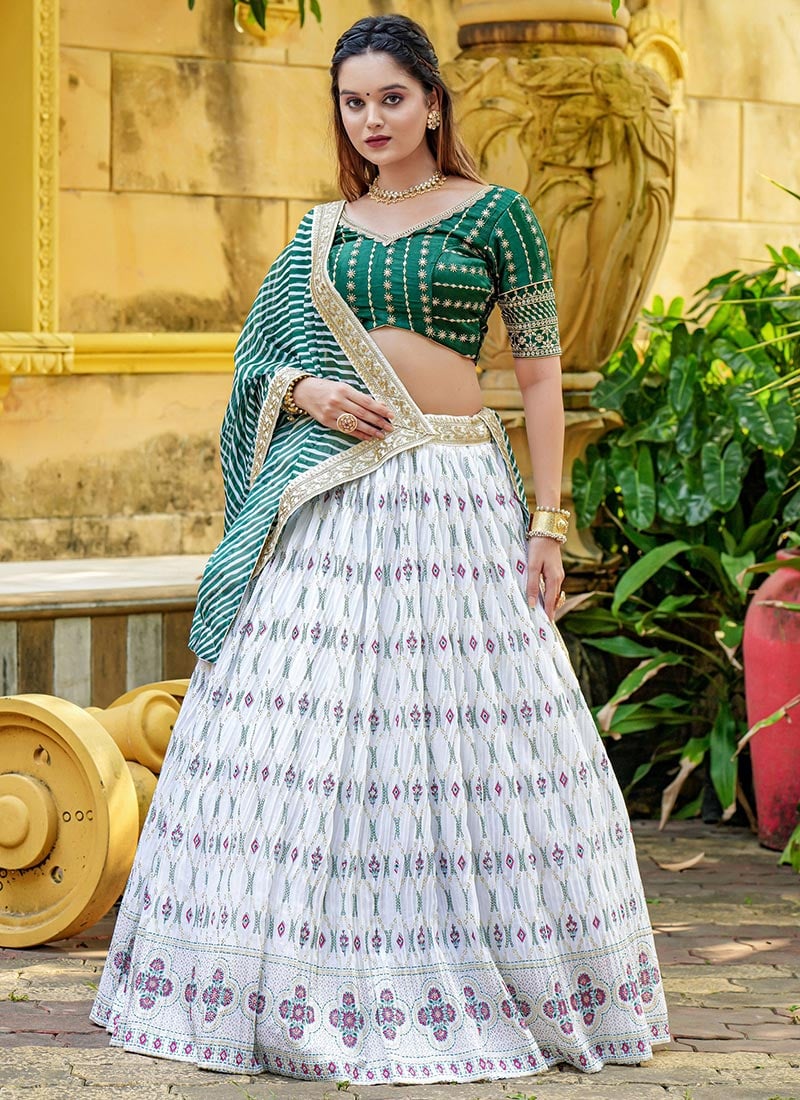 White Chinon Foil Print Diwali Umbrella Lehenga With Embroidery Party Wear
