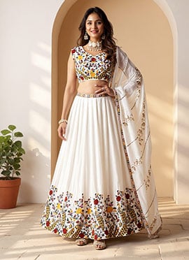 White Chinon Lehenga With Embroidery Sequins