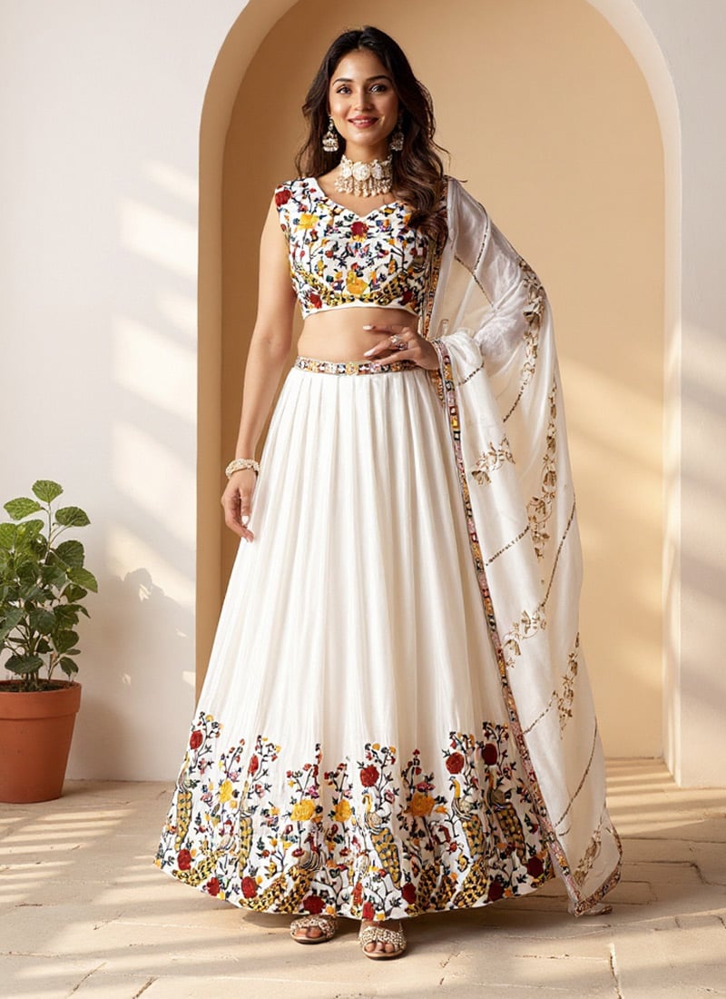 White Chinon Lehenga With Embroidery Sequins  Wedding Wear