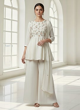 White Chinon Peplum Palazzo Suit With Embroidery