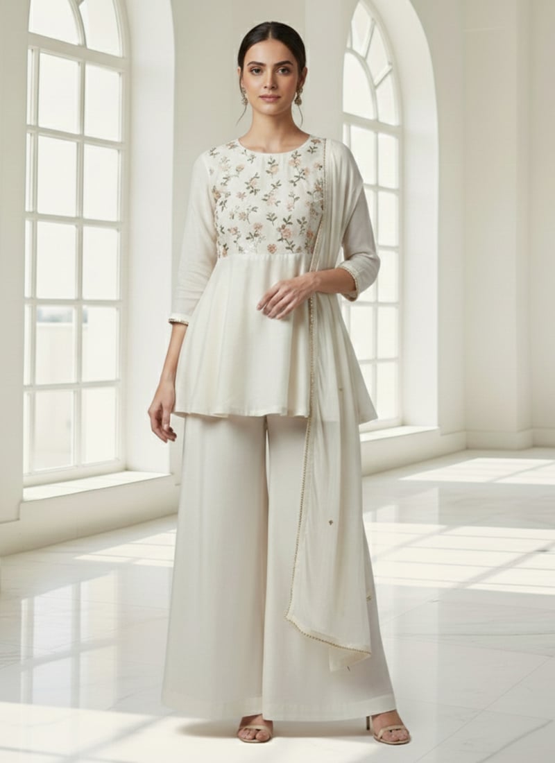 White Chinon Peplum Palazzo Suit With Embroidery Festive Wear