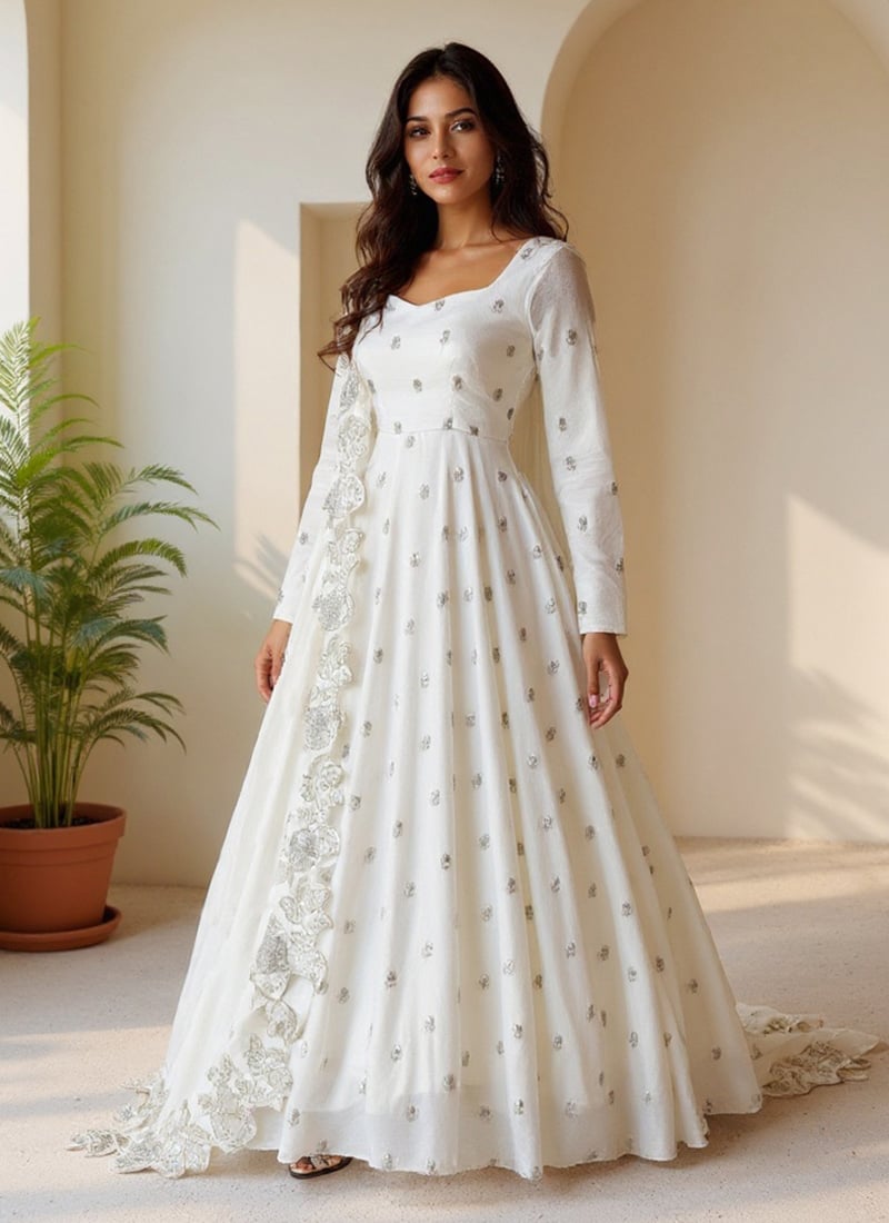 White Chinon Sequins Anarkali Suit  Festive Wear