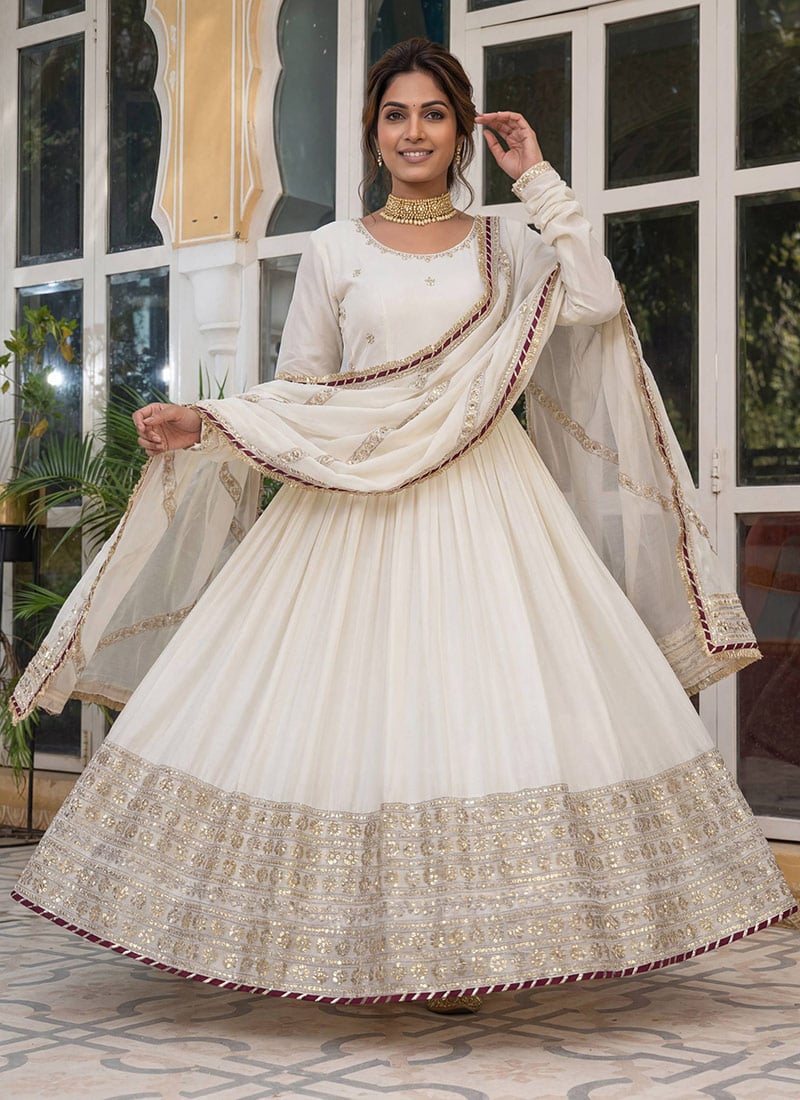 White Chinon Sequins Anarkali Suit Festive Wear