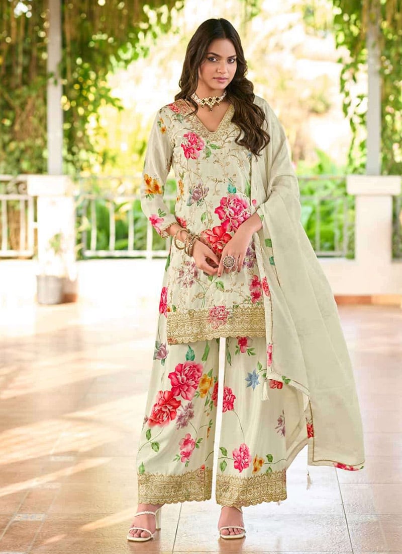 White Chinon Sequins Embroidered Digital Print Palazzo Suit Festive Wear