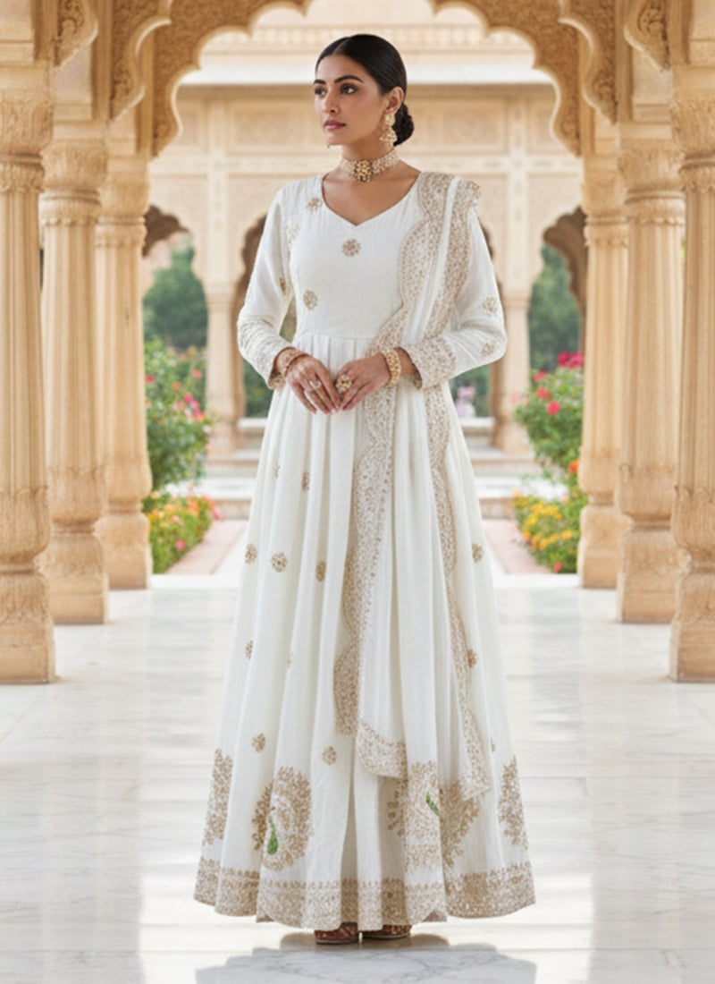 White Chinon Silk Embroidered Sequins Anarkali Suit  Festive Wear