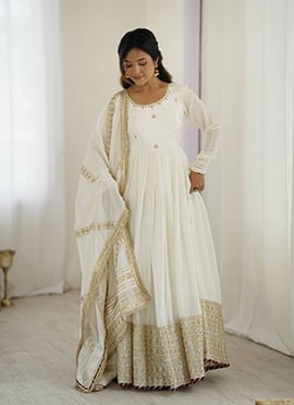 White Chinon Silk Embroidered Sequins Anarkali Suit