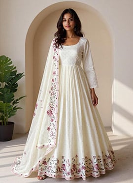 White Chinon Silk Embroidered Sequins With Tikki Work Anarkali Suit Festive Wear