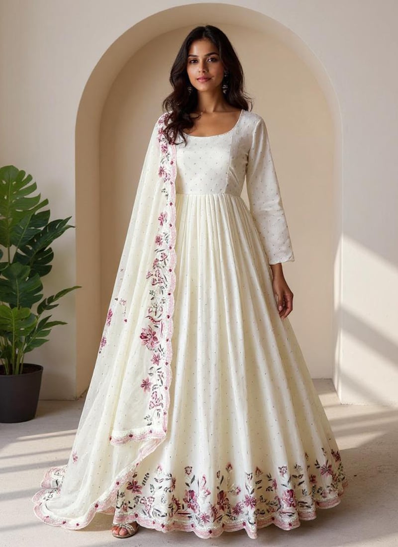 White Chinon Silk Embroidered Sequins With Tikki Work Anarkali Suit