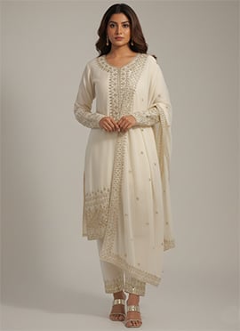 White Chinon Silk Embroidered Sequins Zari Straight Pant Suit