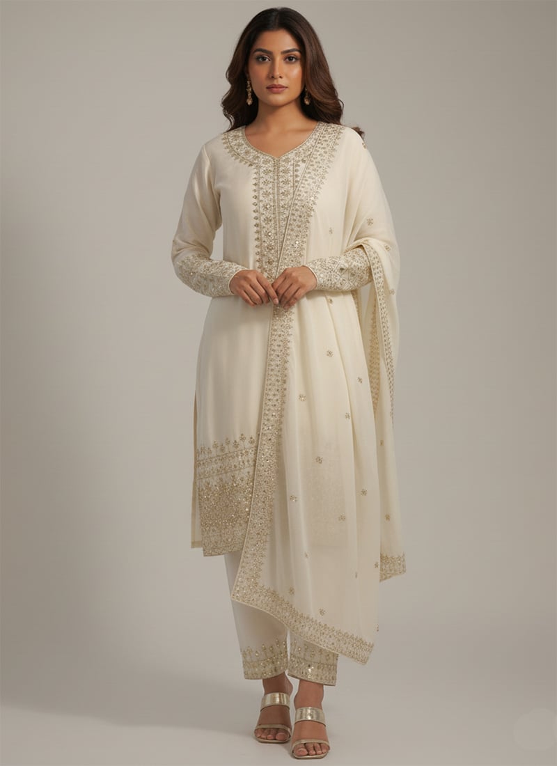 White Chinon Silk Embroidered Sequins Zari Straight Pant Suit Festive Wear