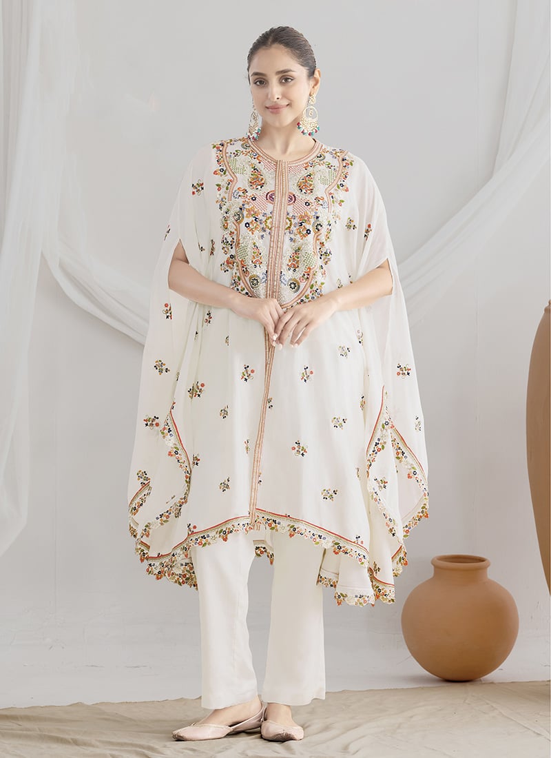 White Chinon Silk Floral Embroidered Sequin Work Indowestern Kaftan Set Festive Wear