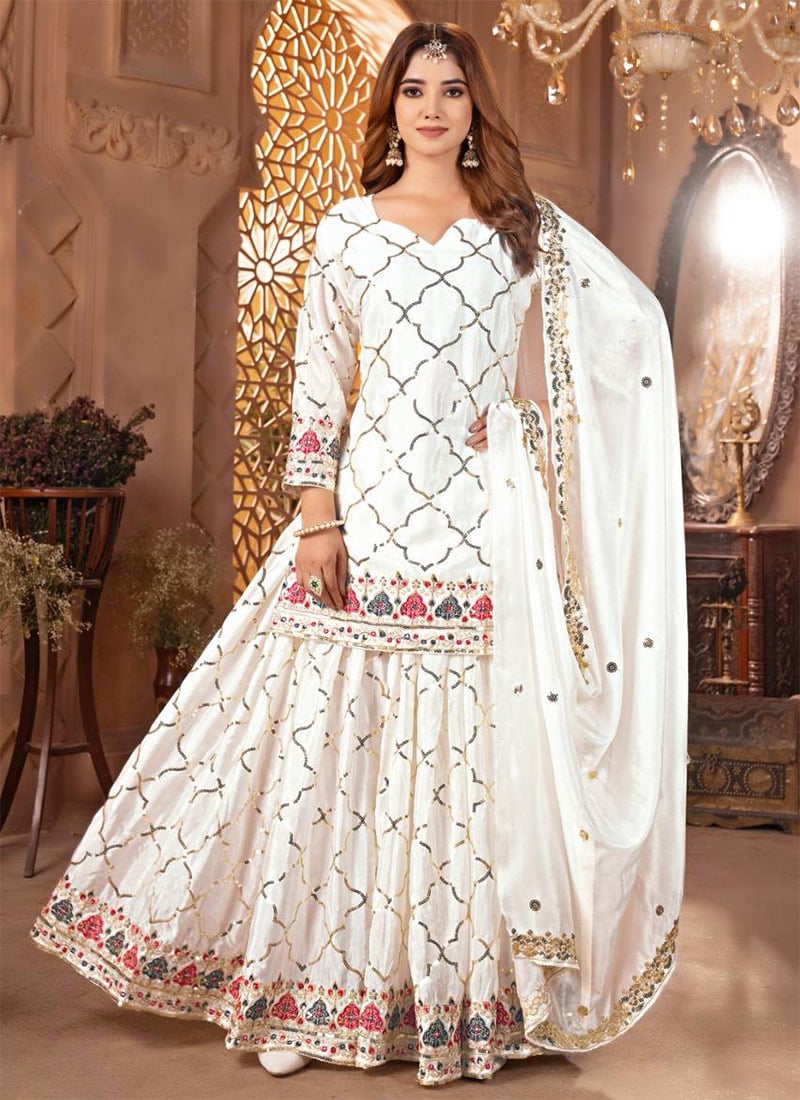 White Chinon Silk Sequins Embroidered Palazzo Suit Festive Wear