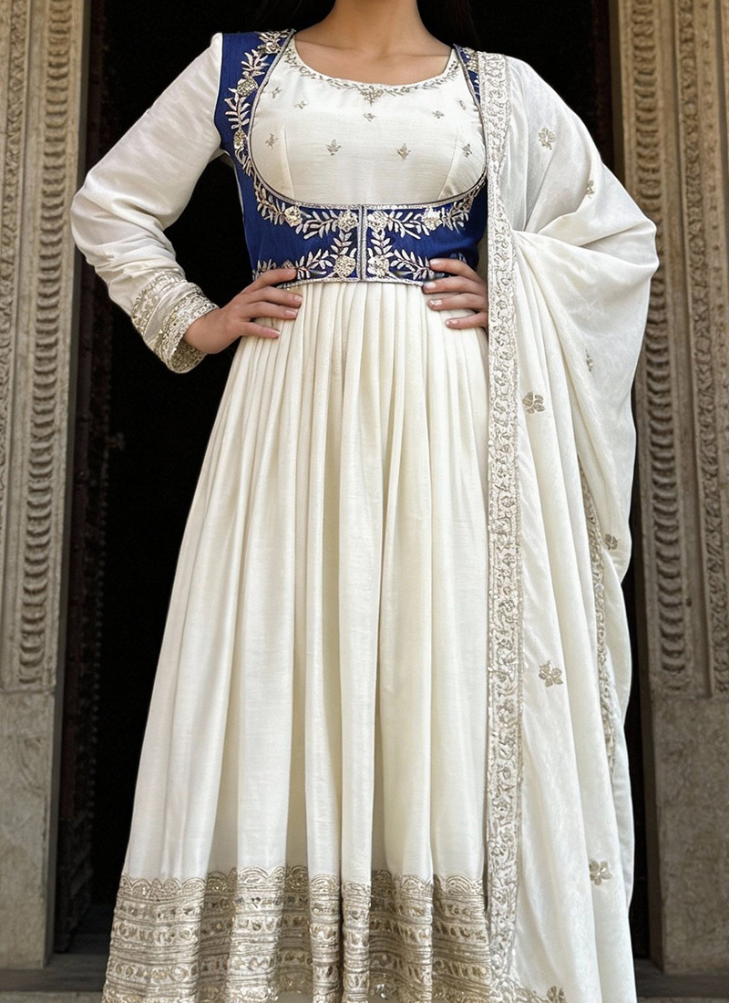 Women Off White Real Chinon Silk Embroidered Anarkali Suit
