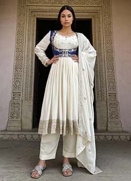 White Chinon Silk Sequins Zari Anarkali Suit