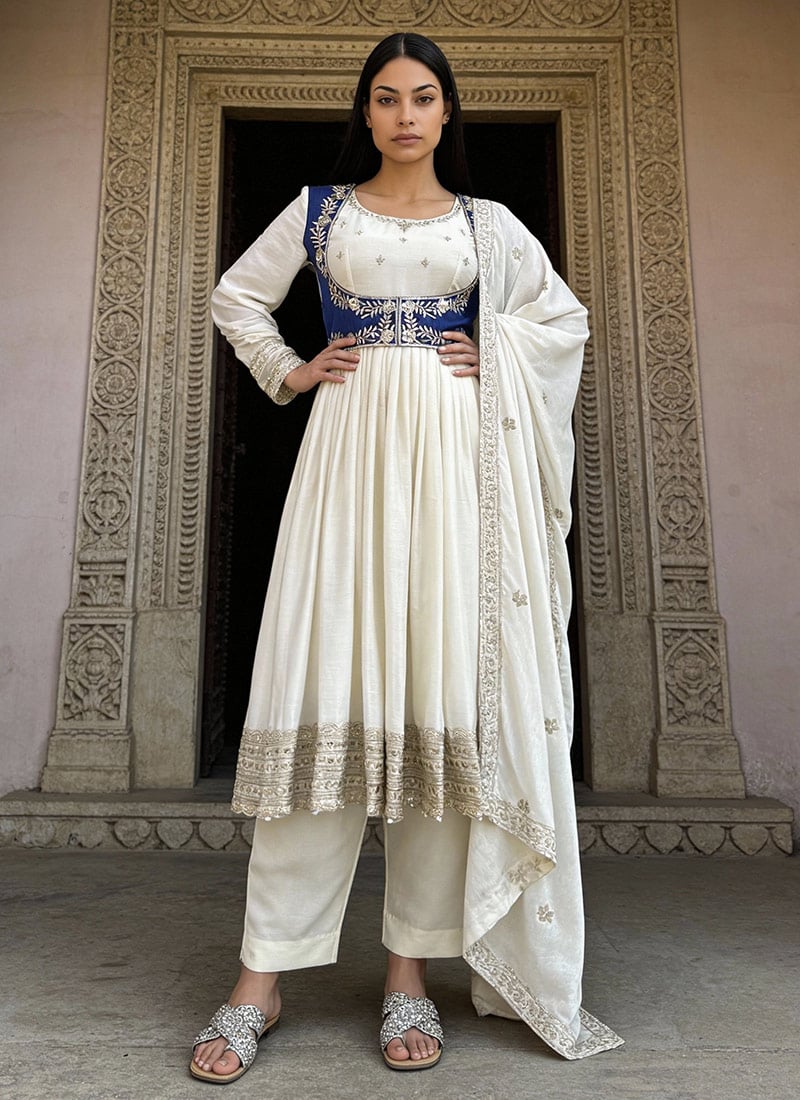 White Chinon Silk Sequins Zari Anarkali Suit Festive Wear