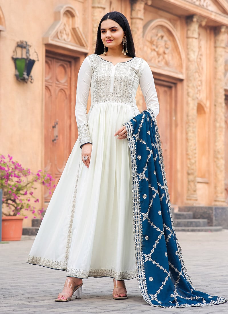 White Chinon Silk Zari And Sequins Embroidered Anarkali Suit Festive Wear