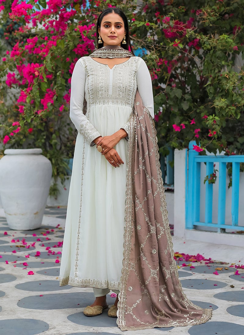 White Chinon Silk Zari And Sequins Embroidered Anarkali Suit Festive Wear
