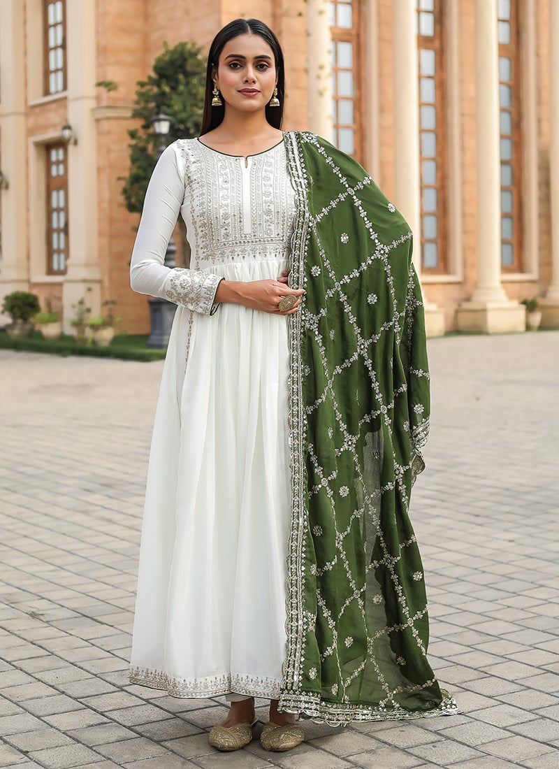White Chinon Silk Zari And Sequins Embroidered Anarkali Suit Festive Wear