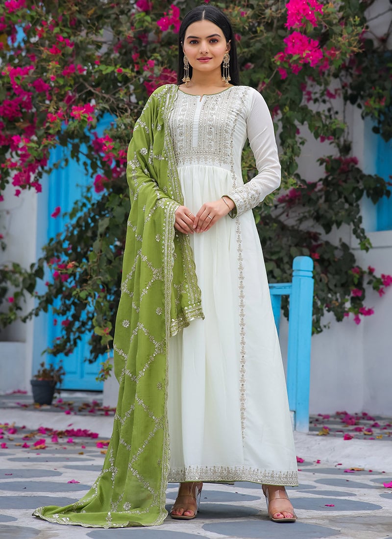 White Chinon Silk Zari And Sequins Embroidered Anarkali Suit Festive Wear