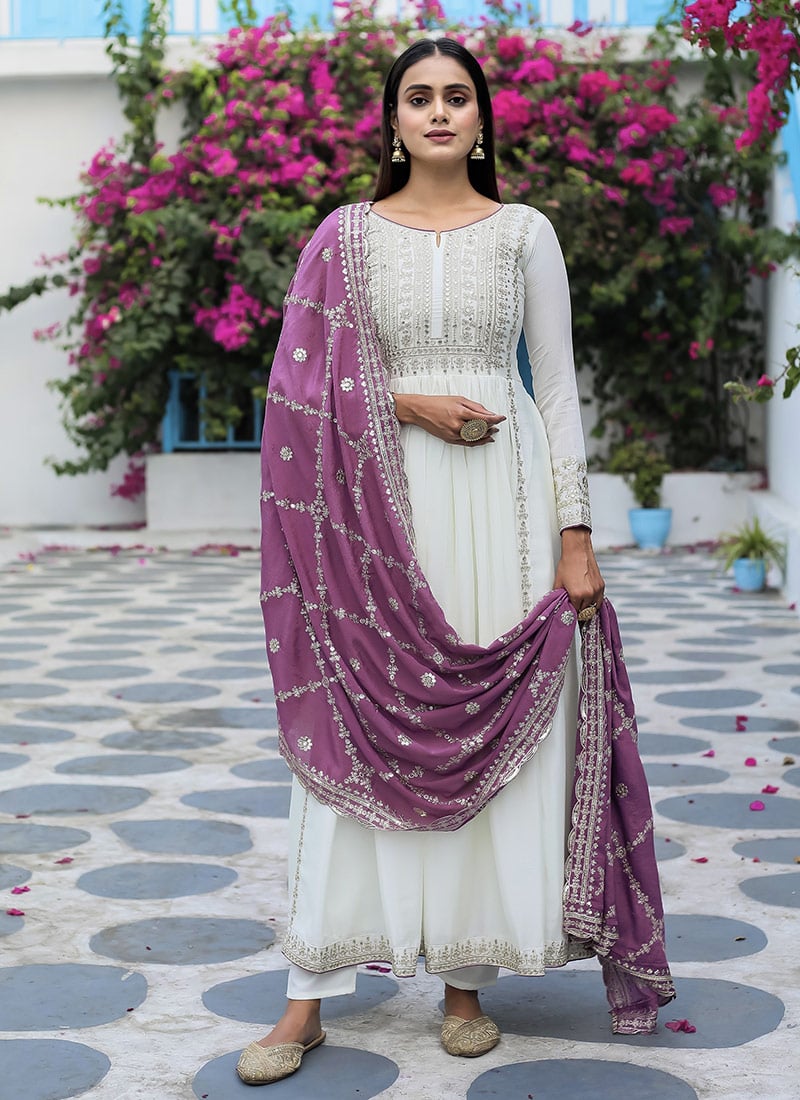 White Chinon Silk Zari And Sequins Embroidered Anarkali Suit Festive Wear