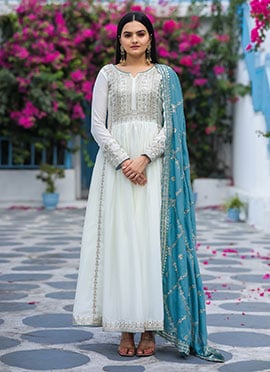 White Chinon Silk Zari And Sequins Embroidered Anarkali Suit