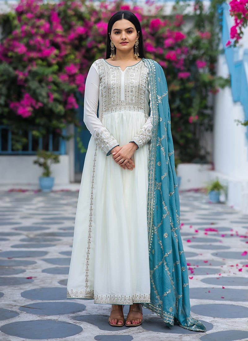White Chinon Silk Zari And Sequins Embroidered Anarkali Suit Festive Wear