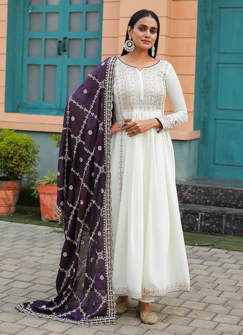 White Chinon Silk Zari And Sequins Embroidered Anarkali Suit Festive Wear