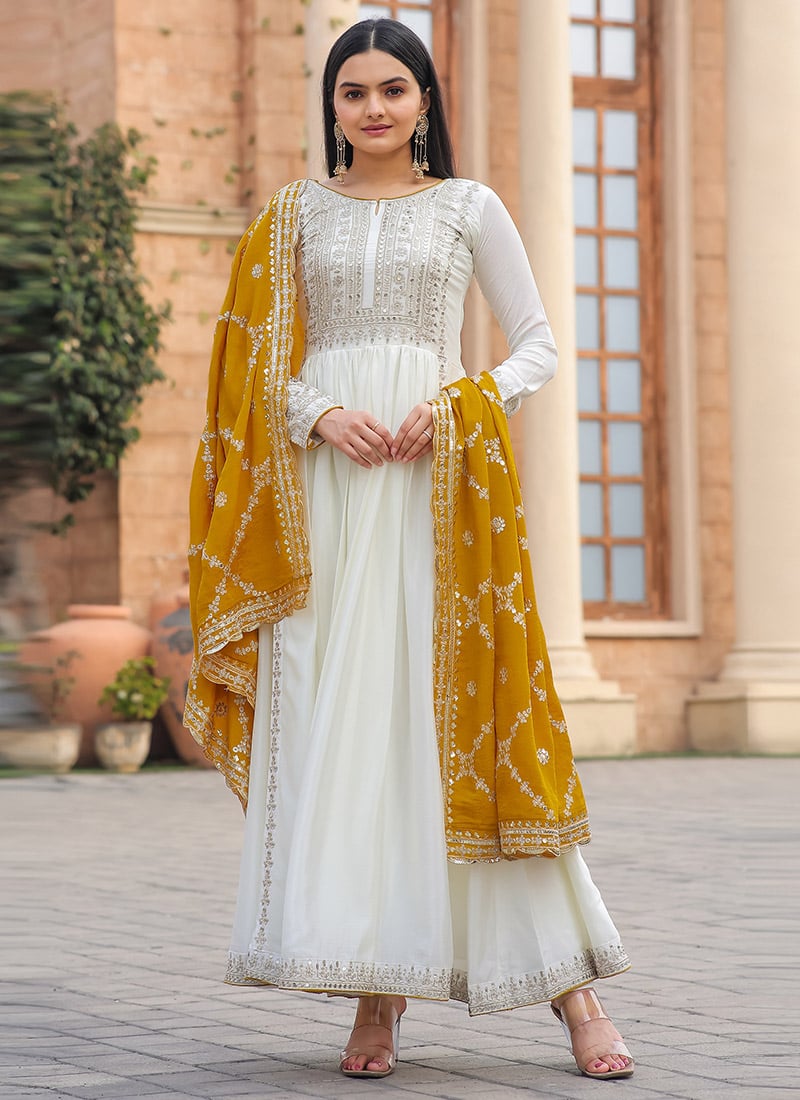 White Chinon Silk Zari And Sequins Embroidered Anarkali Suit Festive Wear