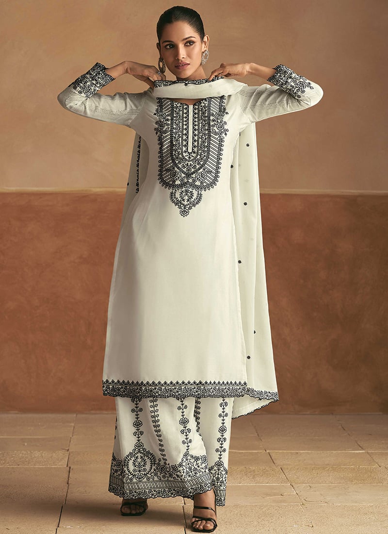White Chinon Stunningly Embroidered Sequins Palazzo Suit Festive Wear