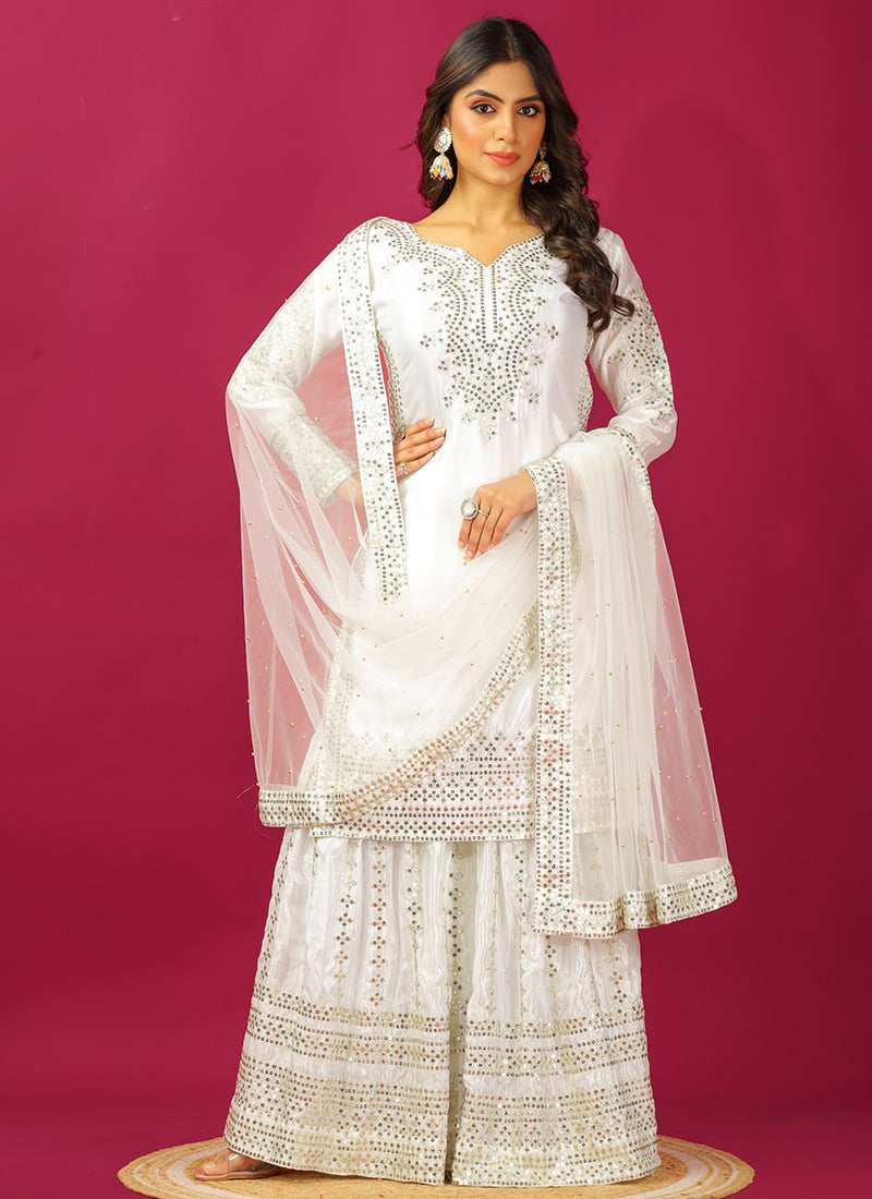 White Chinon Zari Embroidered Sequins Sharara Suit Festive Wear